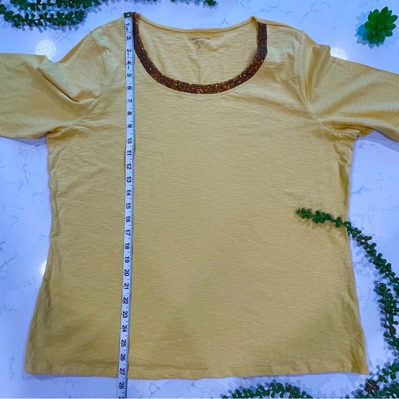 Coldwater Creek Heather Yellow 3/4 Sleeve Cotton Shirt with Brown Sequin Collar - Picture 7 of 10